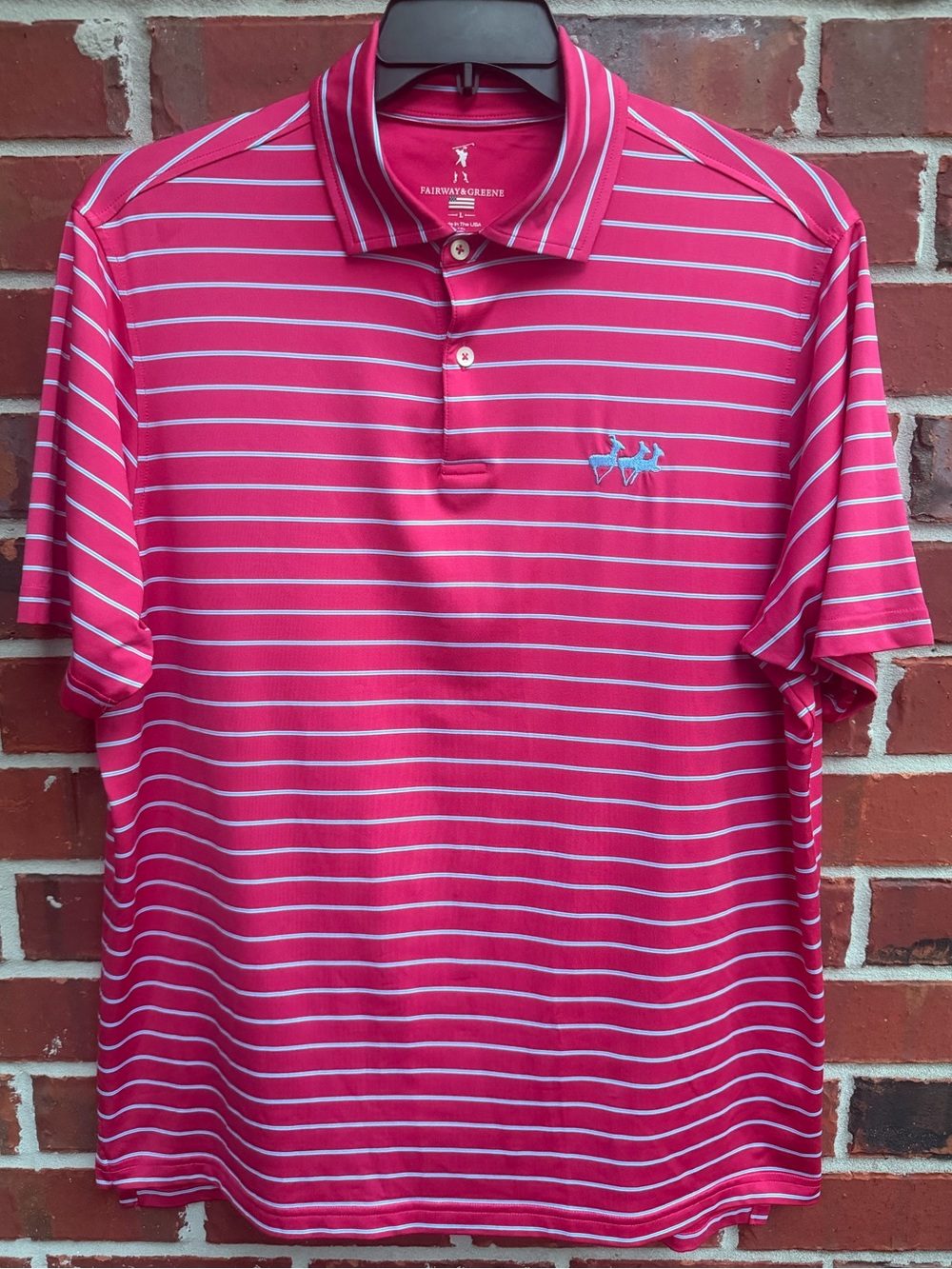 Fairway & Greene Men’s L Hot Pink & Light Blue Striped Performance Golf Polo P2